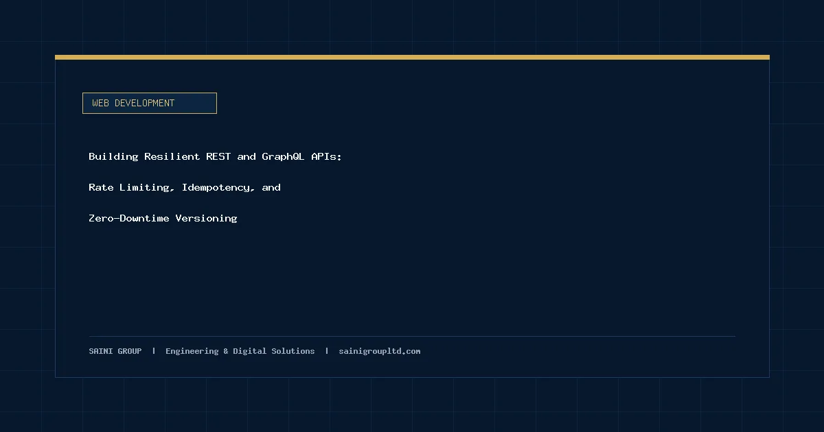 Illustration and overview guide for Building Resilient REST and GraphQL APIs: Rate Limiting, Idempotency, and Zero-Downtime Versioning, published by Saini Group