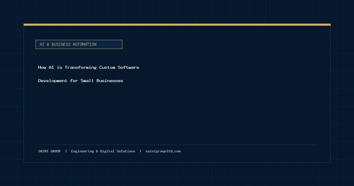 Illustration and overview guide for How AI is Transforming Custom Software Development for Small Businesses, published by Saini Group
