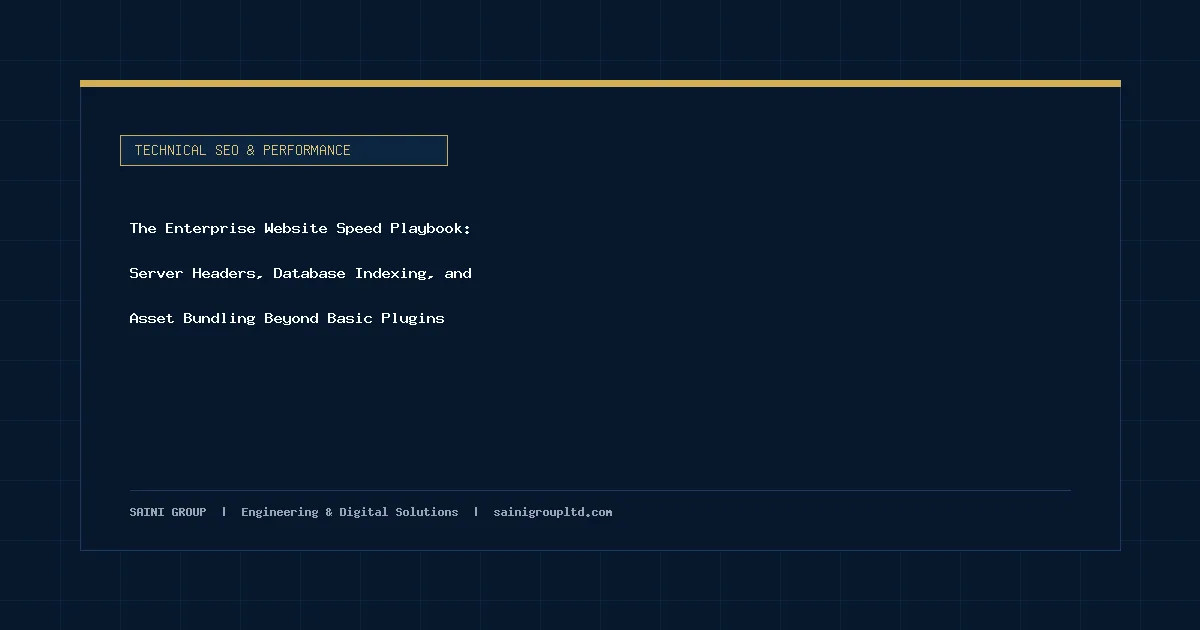 Illustration and overview guide for The Enterprise Website Speed Playbook: Server Headers, Database Indexing, and Asset Bundling Beyond Basic Plugins, published by Saini Group